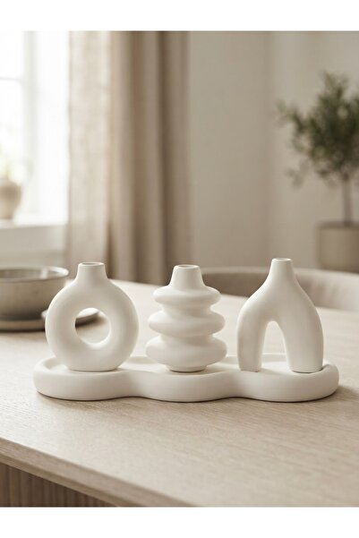 10 cm Minimal Vazo Set 3'lü ve 30 cm Tepsi Bohem Biblo Minyatür Dekoratif Vazo Beyaz