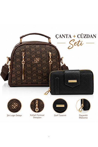sannora bags Women's Patterned Daily Crossbody Bag – Brown with Gold Zipper D...