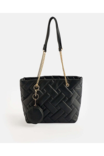 REDTAG Women Black Quilted Tote Bag with Coin Pouch