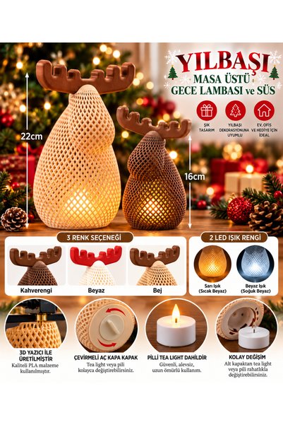 SONMEZSTORE YILBAŞI ÖZEL SÜSÜ, GEYİK TEMALI GECE LAMBASI, TEA LİGHT, PİLLİ - 16CM BOY