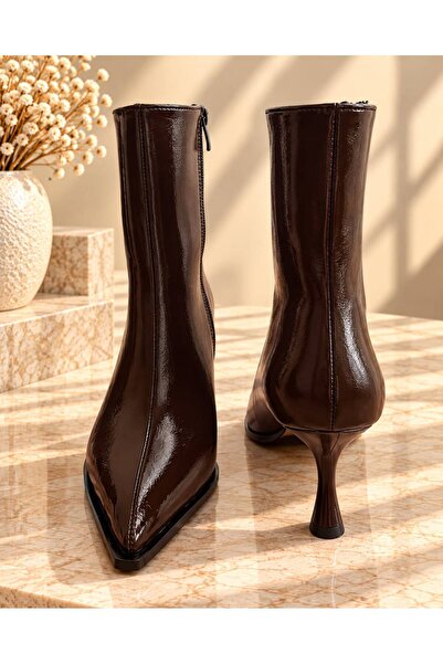 RoseVeno Pointed Toe Thin Heel Side Zipper Shiny Patent Leather Brown Color D...