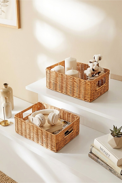 Ocean Home Textile 2'li Yıkanabilir Bej PP Rattan Dolap İçi Çamaşır Çocuk Odası Oyuncak Düzenleyici Saklama Sepeti Organizer 30x20x11 /36x26x12