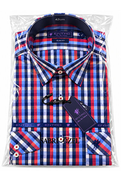 Sabri Özel Erkek Slim Fit Ekose Gömlek – Çift Cepli Uzun Kollu Lacivert Mavi ...