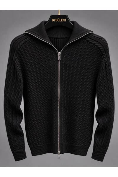 BYBÜLENT Men's Knitwear Quality Zippered Knitted Hair Braided Jacket Cardigan