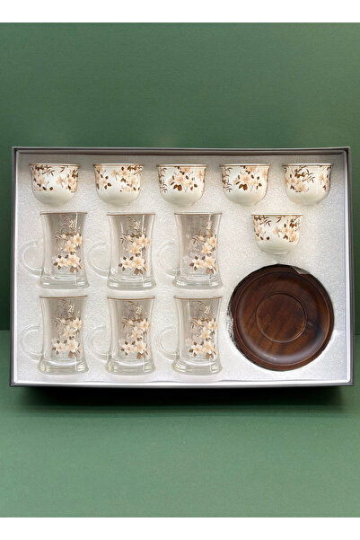 ALQANNAS Crystal Tea Cups and Ceramic Coffee Cups Set with Wooden Saucers 18P...