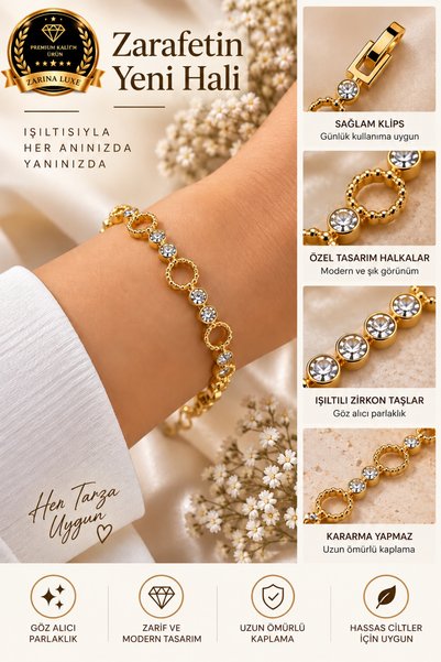 ZARİNA LUXE 14K Gold Renk Taşlı Halka Detaylı Kadın Çelik Bileklik