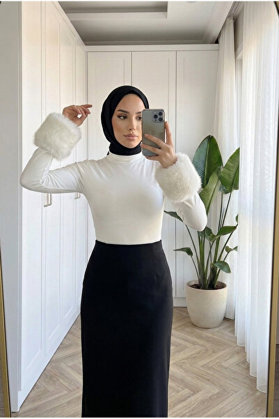 Kirazca Butik Kadın Bilek Kürklü Uzun Kollu Çıtçıtlı Zıbın Body Bluz