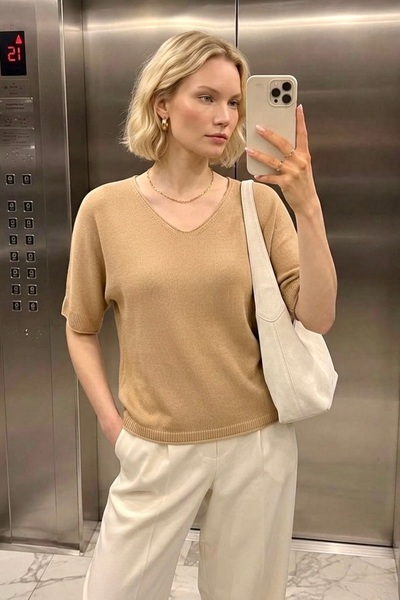 lamea Women's Crew Neck Loose Fit Half Sleeve Knit Sweater