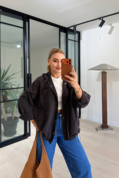 Sezgi Tekin Slogan Embroidered Oversize Hooded Brown Plaid Jacket