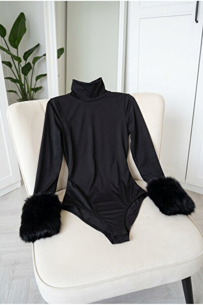 Kirazca Butik Kadın Bilek Kürklü Uzun Kollu Çıtçıtlı Zıbın Body Bluz