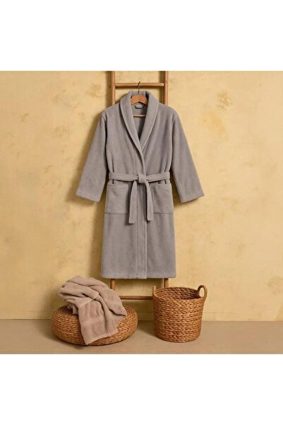 AVA Halat de Baie Gri Unisex cu Buzunare si Cordon, S/M, 60% Bumbac