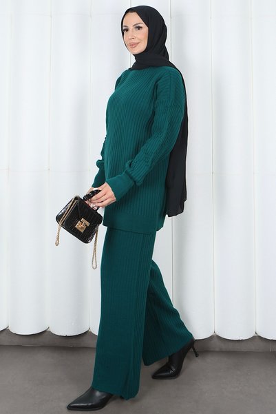 HNT Hayrunnisa Tesettür Half Turtleneck Sleeve Detailed Knitwear Suit with Trousers Emerald Hnt2811