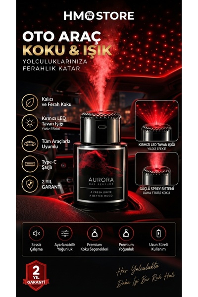 HMO Store Akıllı Oto Araç Kokusu ve Işık Sistemli, Kırmızı Yıldız Tavan Efekt...