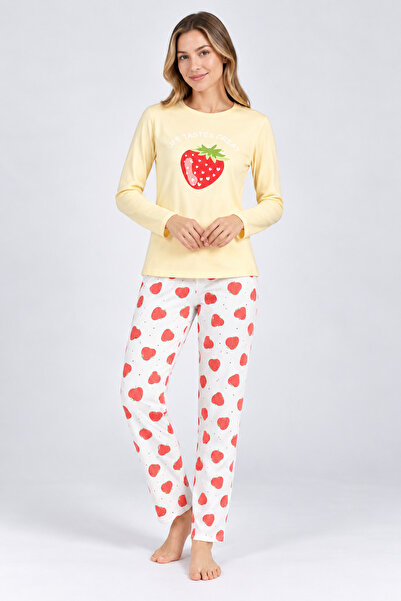 Miss Lale Pijama Γυναικεία πυτζάμα, κίτρινη μπλούζα και λευκό παντελόνι, με σ...