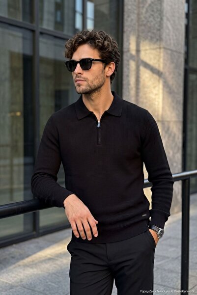 Çizgi Triko Men's Zippered Polo Neck White Sweater Knitwear Embossed Knit Sol...