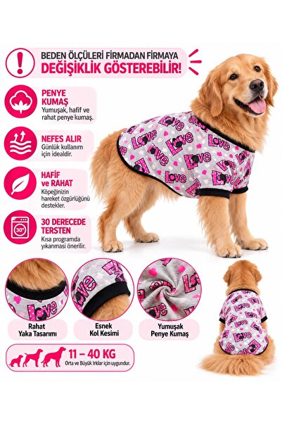 DOGİ&DOG Büyük Irk Gray Pink Love Köpek T-Shirt Köpek Kıyafeti (18-40KG)