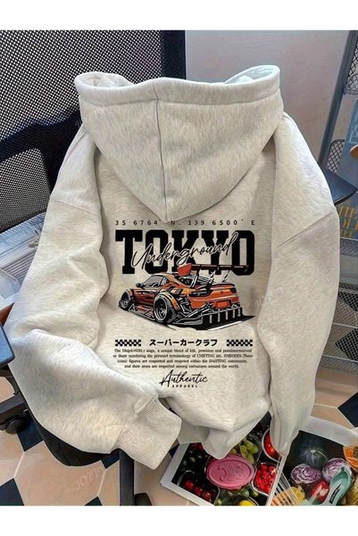 Unisex 3 İplik Tokyo Araba Grafik Baskılı Oversize Hoodie – Kapüşonlu Streetwear