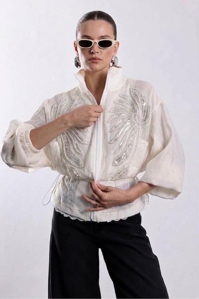 Suziş Ekru 1 Beaded Lace Lined Zipper Jacket Per9773