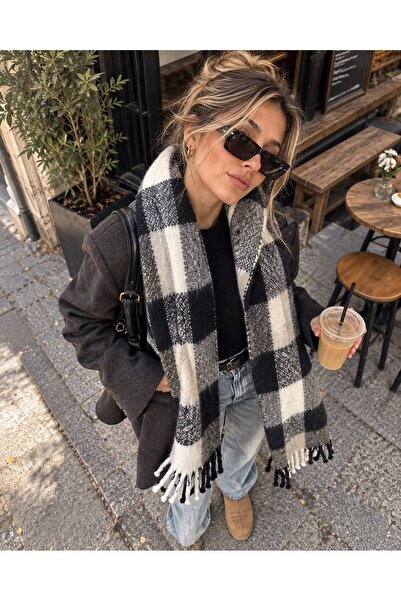 sf collection Colorful Puffy Soft Textured Scarf Plaid Patterned Shoulder Shawl
