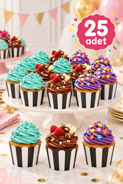 Baloncu Nene Siyah Beyaz Cupcake Kılıfı 25 Adet Çizgili Kek Kağıdı Muffin Kab...