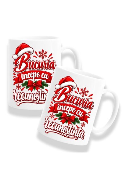 OEM Set de 2 căni cu mesaj: „Bucuria începe cu recunoștință.” alb, 330ml, cer...