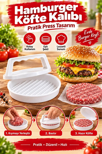 AYGÖREN HOME Hamburger Köfte Kalıbı Press Aparatı | Pratik Köfte Şekillendiri...
