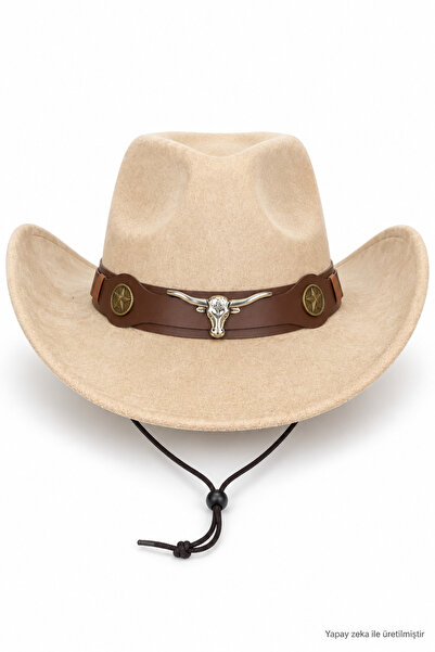 CosmoOutlet Unisex Suede Look Cowboy Hat with Metal Bull Figure, Wide Brim, D...