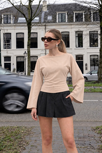 COMBİNE MİCHAİL Kayık Collar Wide Sleeve Beige Women's Blouse