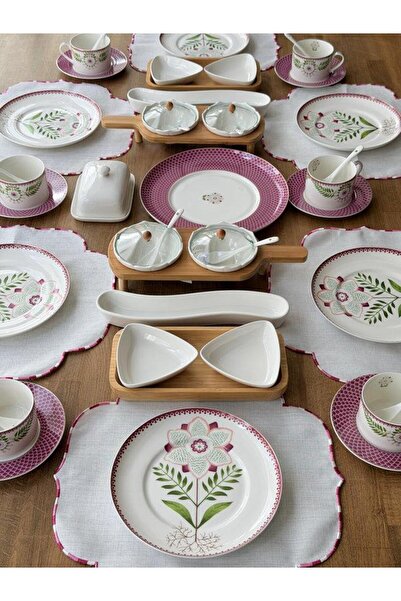 ROSSEV Porselen Kahvaltı Takımı 55 Parça 6 Kişilik Pink Flower