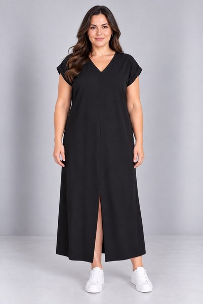 EVEN plus size Gabardin V Yaka Kısa Kollu Yırtmaçlı Uzun Siyah Büyük Beden El...