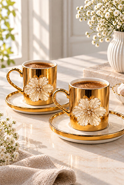 YzHome 2-Piece Porcelain Gold Plated Lotus Flower Coffee Cup Set 100ml - Pres...