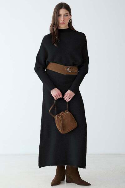 Olcay Asymmetrical Cut Casual Sweater Knitwear Double Set Black 9489-Tk
