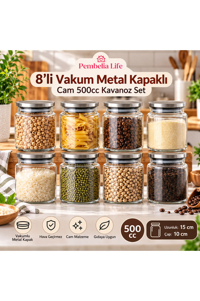 Pembelia Life 8’li Metal Vakum Kapaklı Cam 500 cc Çay Şeker Kahve Tuz Bakliyat Erzak Saklama Kavanoz Seti Baharatlık Takımı Etiket Hediyeli
