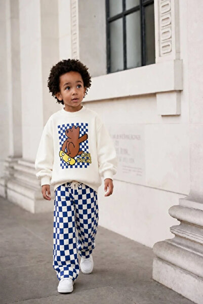 Kidmark Çocuk Modası Boy's Teddy Bear Printed 100% Printed Checkerboard Suit