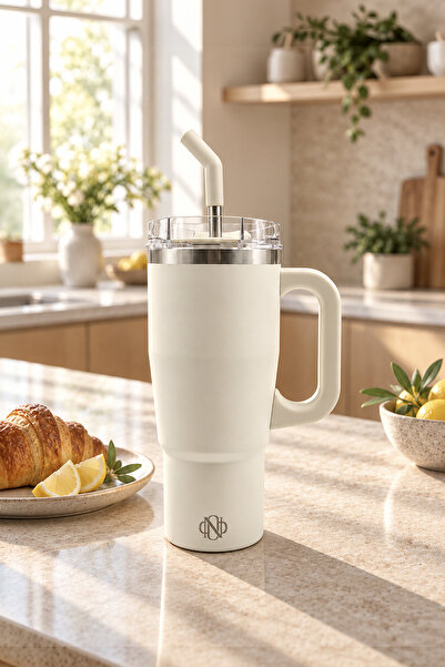 Nehir Bianca Cream Stainless Steel 0.95 Liter Thermos with Straw