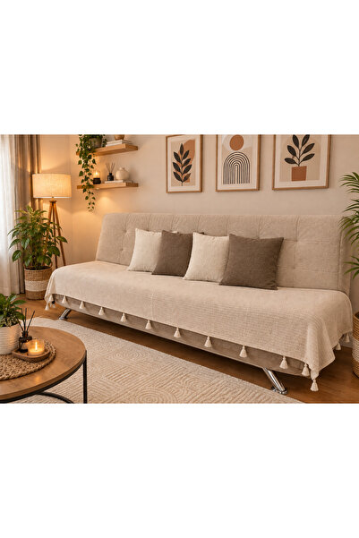 lüf Püsküllü Koltuk Örtüsü Bej – 100x230 cm | Şık ve Dekoratif Koltuk Şalı