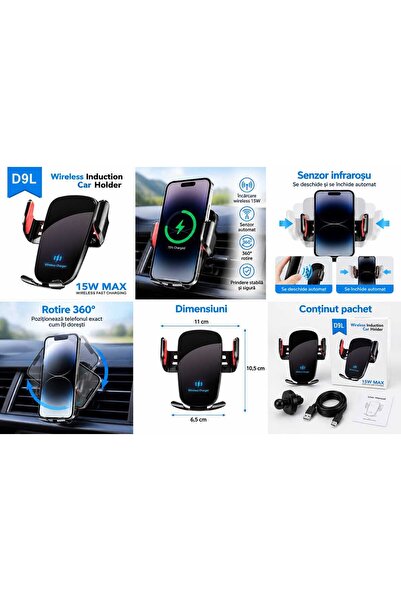 Generic Brand Suport auto telefon D9L cu încărcare wireless 15W, prindere aut...