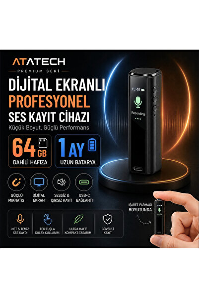 AtaTechs 64GB Dijital Ekranlı Profesyonel Ses Kayıt Cihazı 1 Ay Bataryalı Mık...