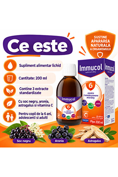 Solinea Supliment alimentar sirop Immucol 6, cu soc negru, aronia, astragalus si vitamina C, pentru copii de la 6 ani, adolescenti si adulti, 200 ml