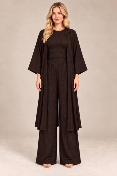 LAMİFUSTORE Cardigan Blouse Wide Leg Pants 3-Piece Casual Set