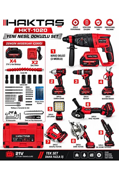 haktaş 9 lu şarjlı set matkap taşlama testere hilti