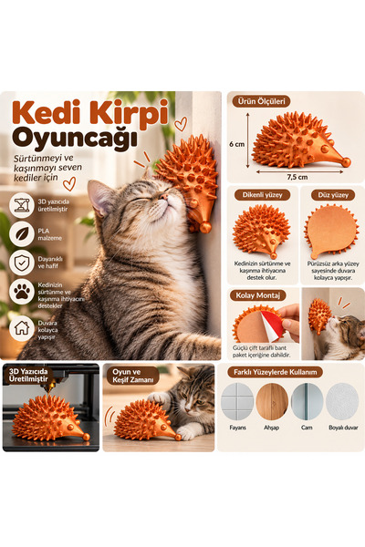 Kedi Kirpi Kaşınma ve Sürtünme Oyuncağı – Duvara Yapışan 3D Baskı PLA Kedi Kaşınma Aparatı – Terracotta