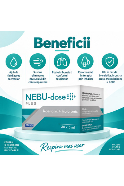 Solinea Solutie pentru inhalare Nebu-dose Plus, cu clorura de sodiu 3% si acid hialuronic, 30 fiole x 5 ml