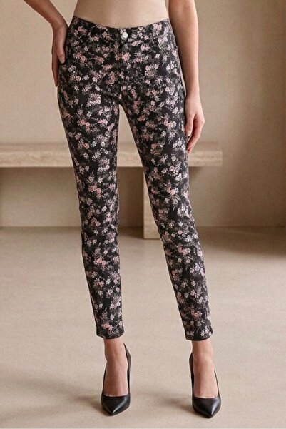 OEM Pantaloni slim fit de dama cu imprimeu floral, talie medie si croiala mul...
