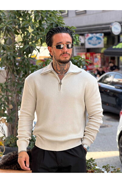 manch collection Giesto Yarım Fermuarlı Örme Sweatshirt Krem