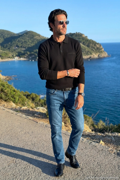 Çizgi Triko Men's Large Size Polo Collar Black Sweater Rice Patterned Cotton ...