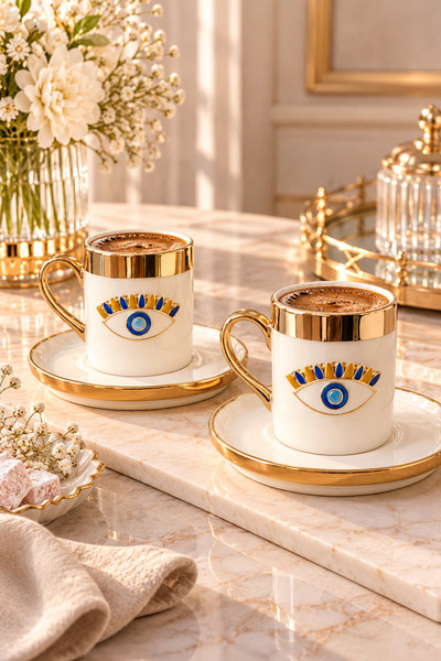 YzHome 2 Li Porselen Gold Kaplama Nazar Göz Kahve Fincan Takımı Seti 100ml