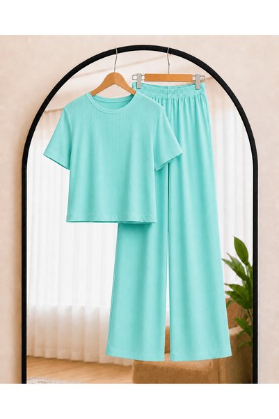 Hepsi Moda Corduroy Short Sleeve Trouser Suit - Hpm - Water Green