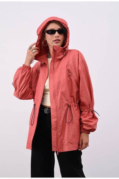 BW Bravely Wear Women's Drawstring Detailed Gingham Hooded Raincoat/Windbreak...