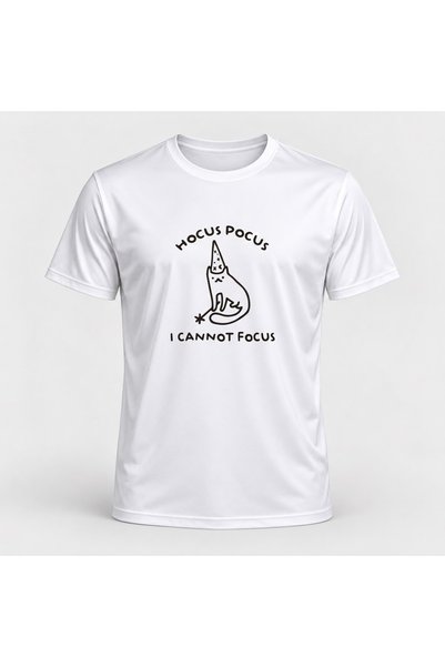 Vepra Unisex Beyaz Hocus Pocus I Cannot Focus Büyücü Kedi Baskılı Bisiklet Yaka T-Shirt